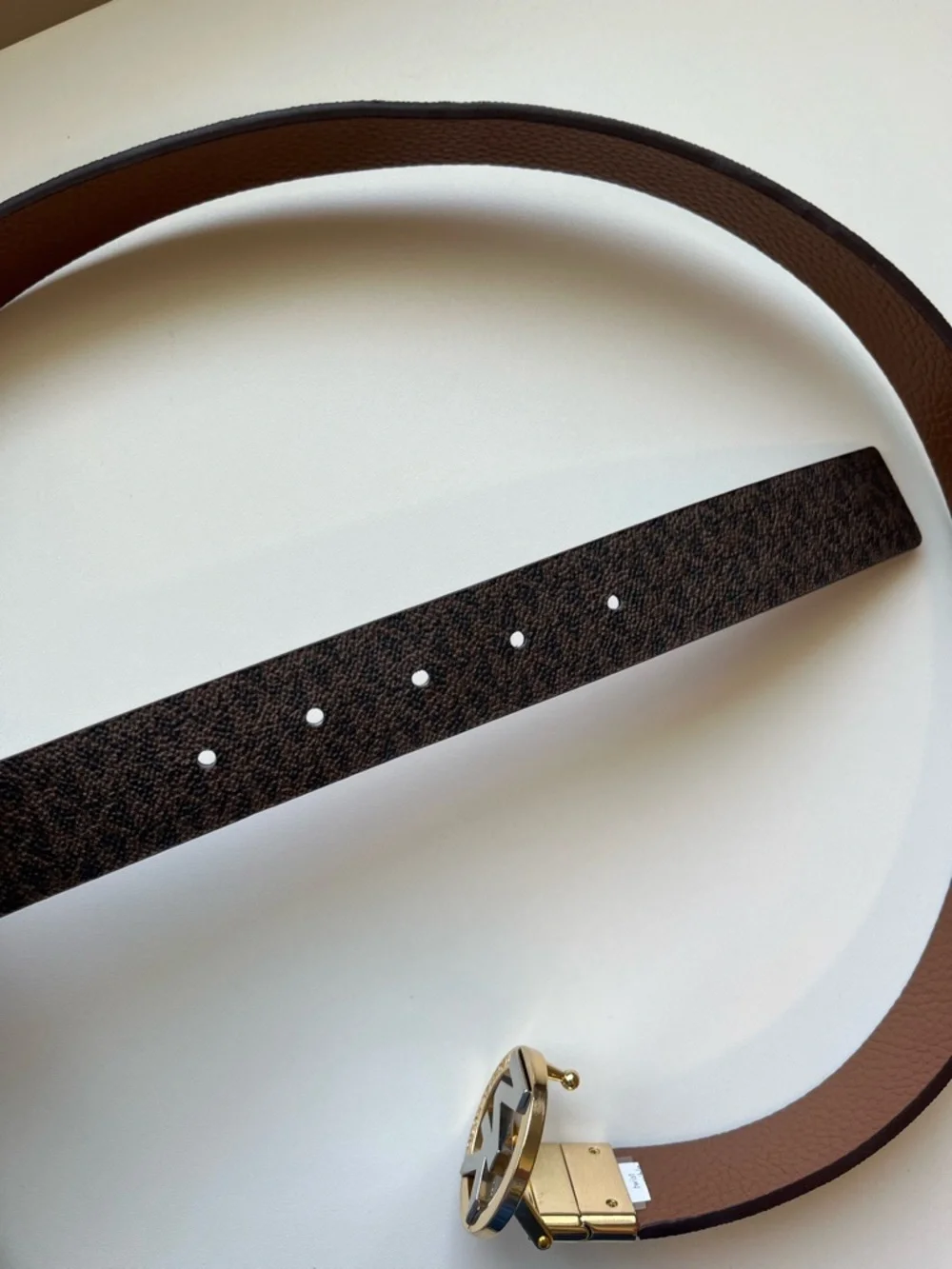Michael Kors Reversible MK Logo Belt Brown Monogram Gold Buckle 43.5”